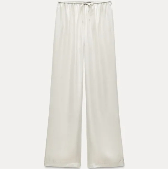 New Zara Shiny Silver Mid Rise Elastic Waist Wide-Leg Pajama Style Pants Medium - Picture 4 of 12